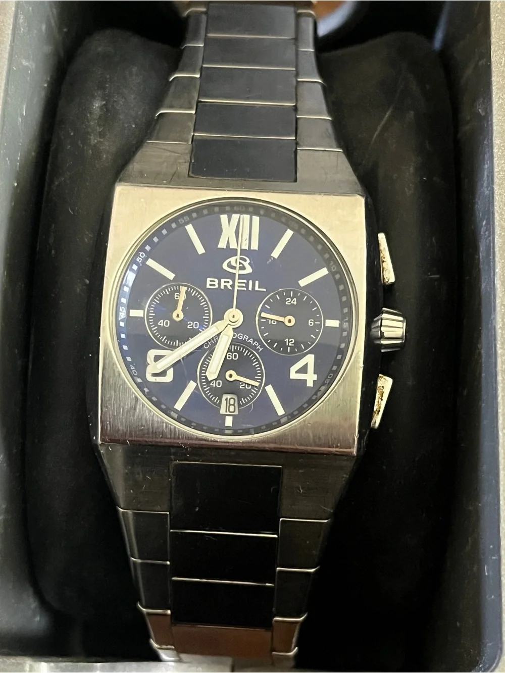 Vintage Men’s Watch Italian Designer BREIL Chronograph Blue & Silver Wristwatch